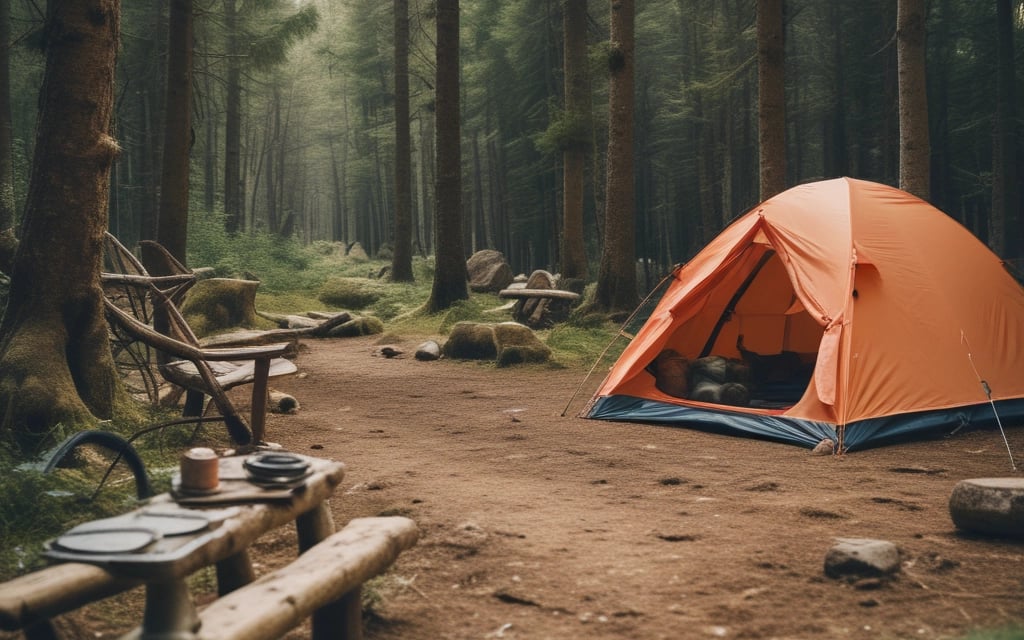 Close-up of a sleek fishing rod and reel resting on a wooden dock with a calm lake in the background at sunrise.