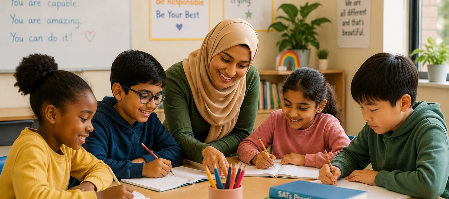 Primary school teacher supporting a diverse group of children during a SATs preparation lesson in Ma