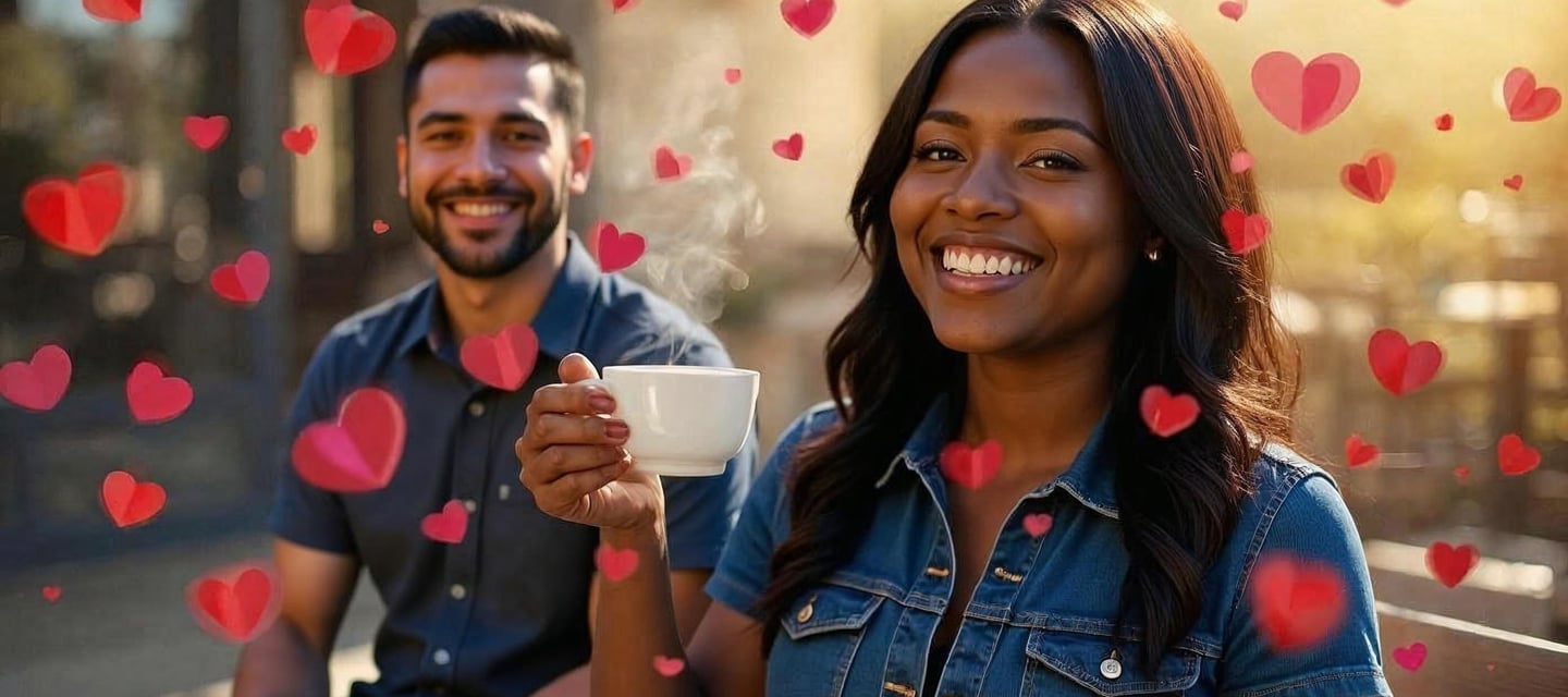 Smiling young couple on a romantic date at an outdoor cafe with floating heart icons.
