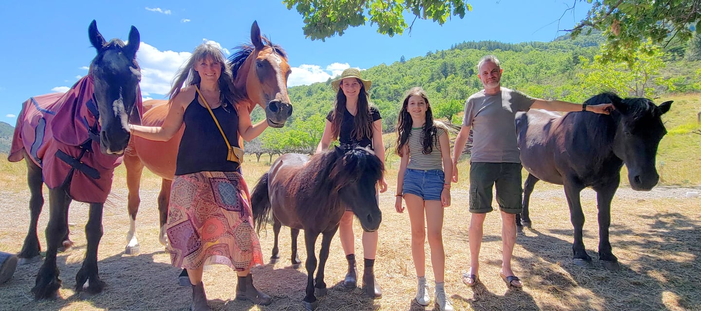 a portait of a family standing around a group of horses in on mountain meadow 