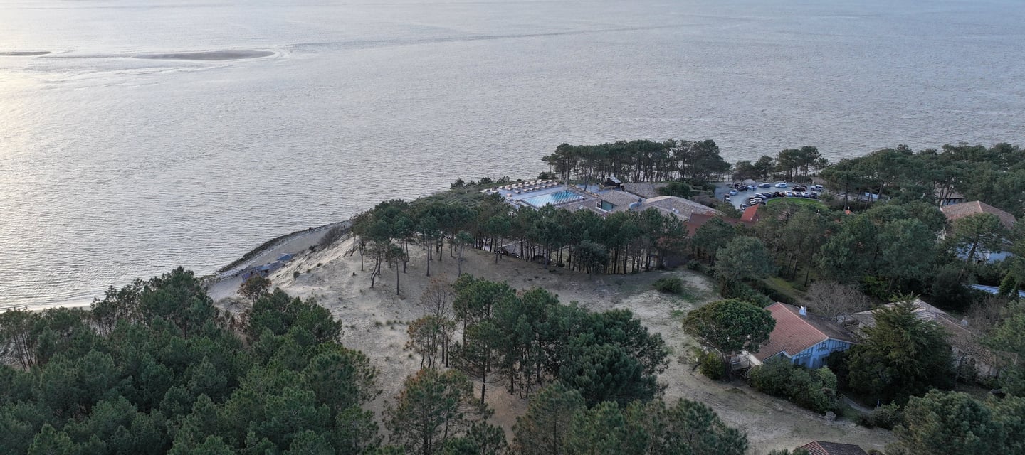 Aerial view of a coastal pine forest resort overlooking a calm ocean bay at sunset.