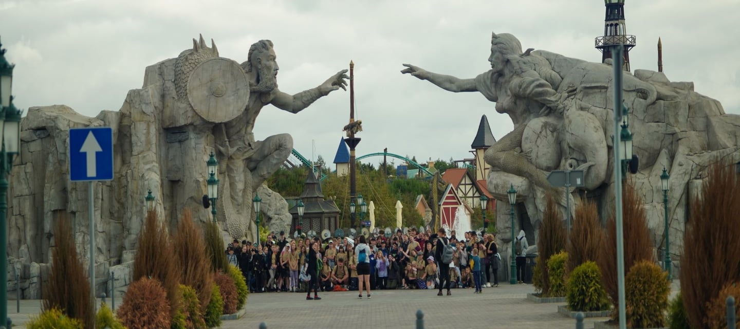 Hossoland theme park entrance with giant Viking and mermaid sculptures originally