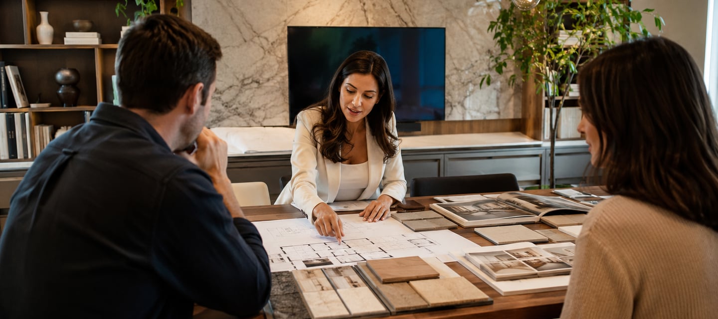 An interior designer reviews architectural blueprints and material samples with a couple in a modern office.