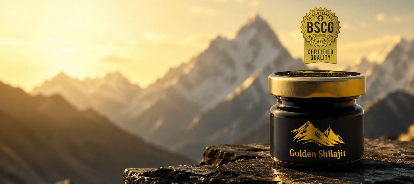 Golden Shilajit resin jar on a rocky peak with a Himalayan mountain sunset background and BSCG certification.