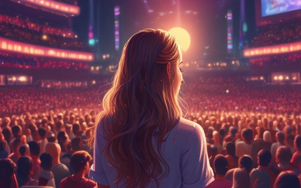 a woman standing in front of a large crowd of people