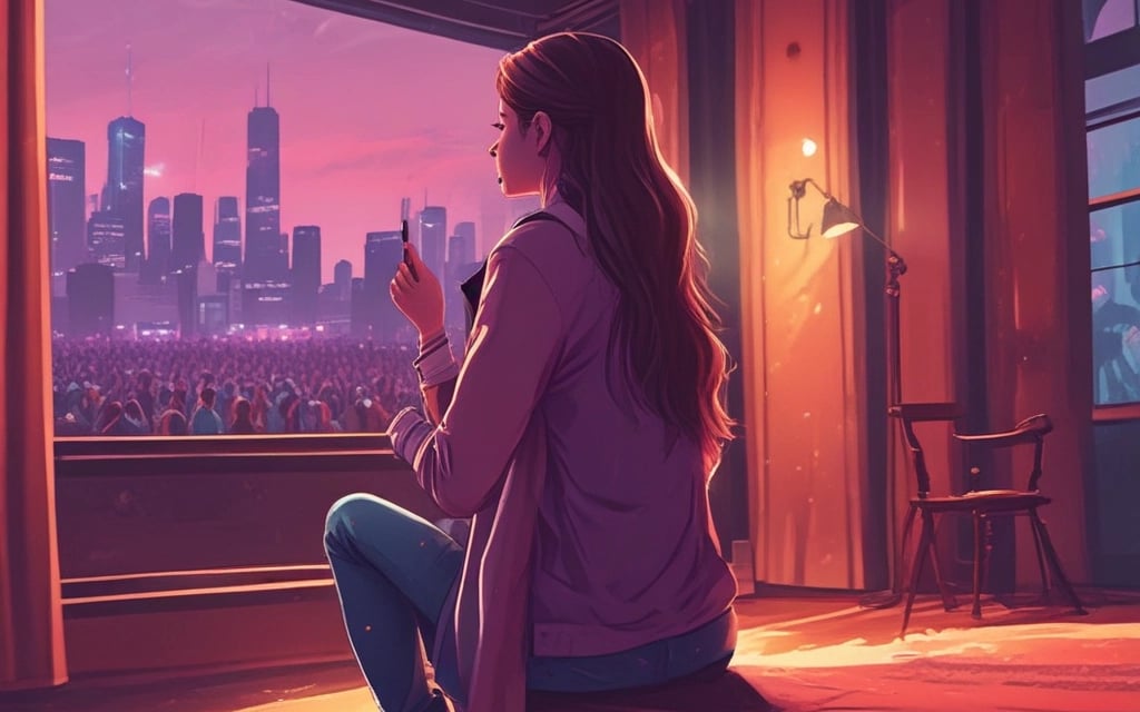 a woman sitting on a bench looking out over a city