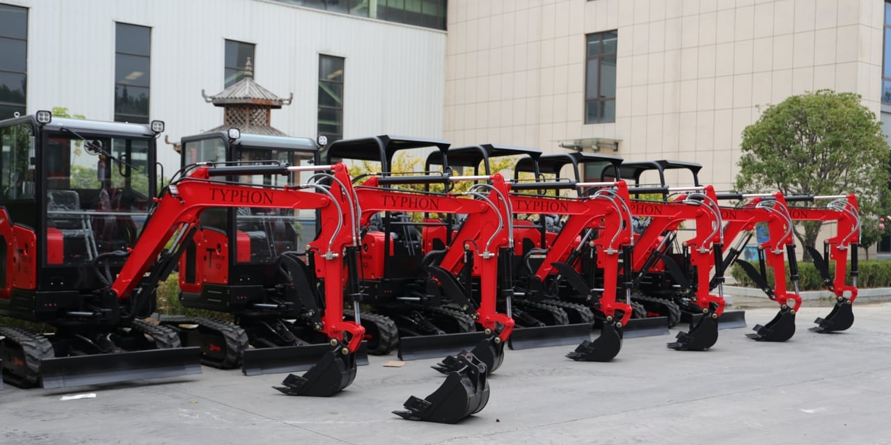 mini excavators in rows
