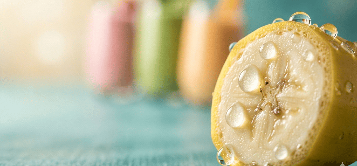 Fresh banana slice with water droplets and blurred fruit smoothies on a turquoise background.
