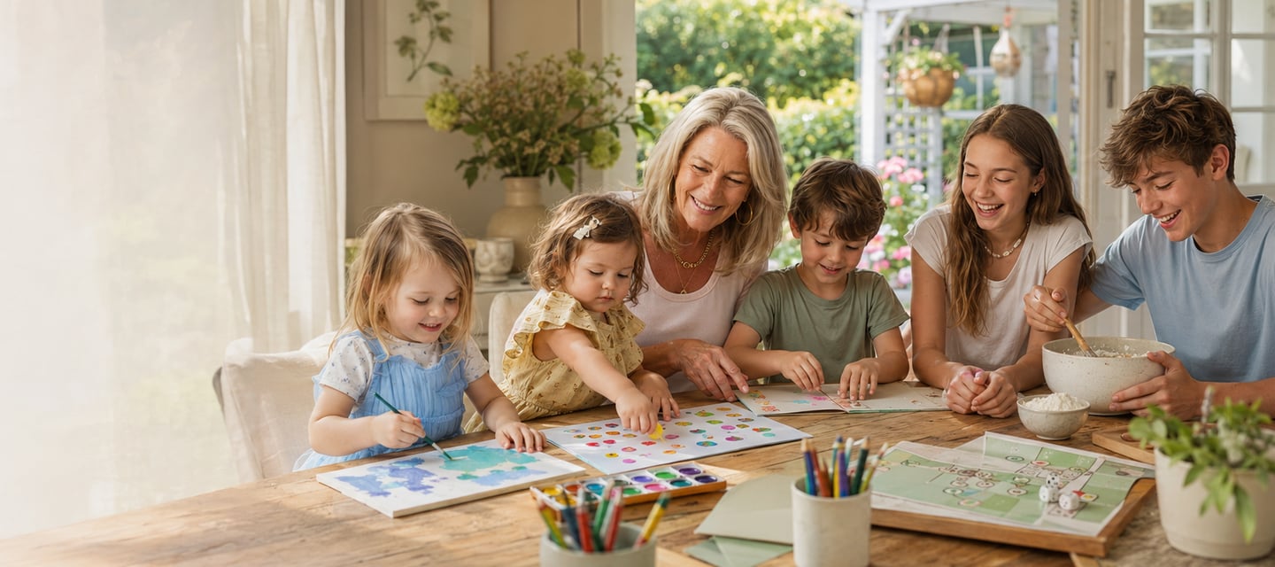 A happy grandmother and grandchildren enjoy arts and crafts and board games at a dining table.