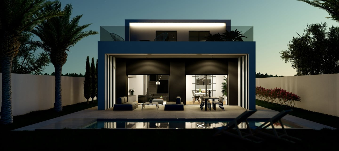 a house with a pool and a lounge chair