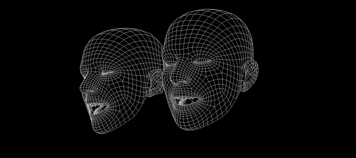 a pair of two heads of a man and woman singing a bambera made through cinema 4D
