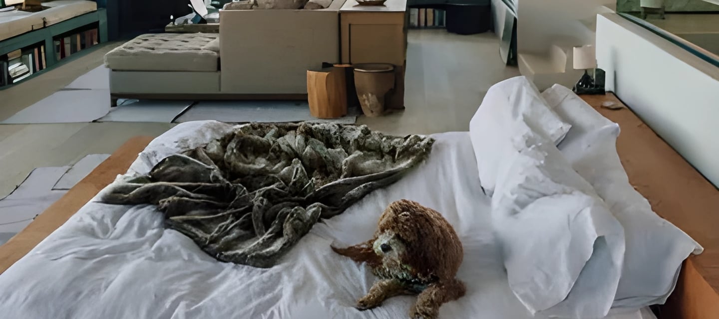 Cozy bedroom scene for abroad accommodation assistance, featuring a bed with a stuffed animal