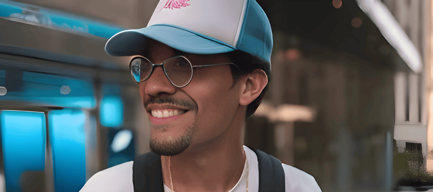 Close-up of a man wearing a blue baseball cap and glasses, smiling, embodying personalized guidance