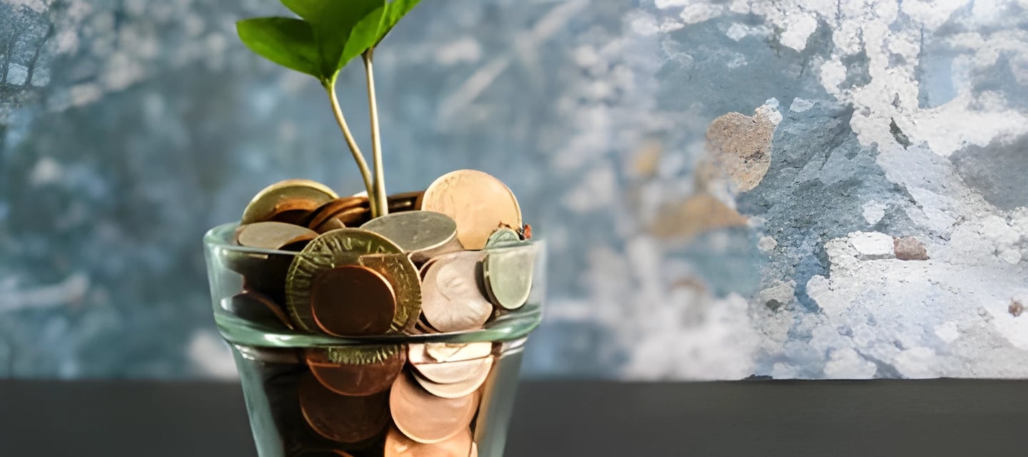 Glass vase with coins and a small plant sprouting, illustrating growth and education loan solutions