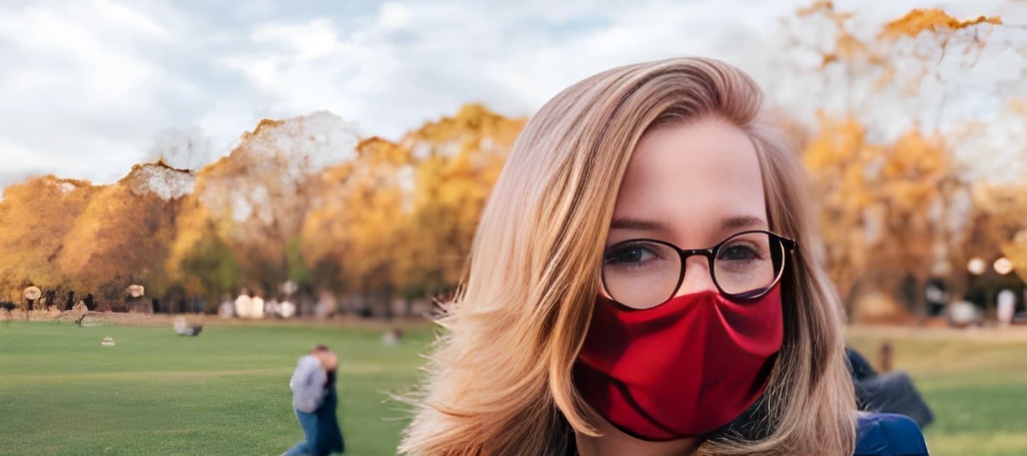 Woman with a red face mask standing in a park, representing the diverse global opportunities