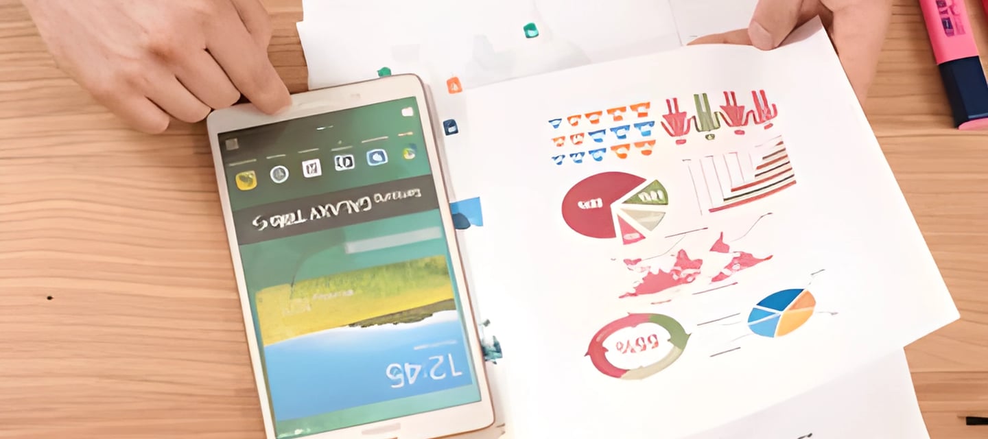 Hands holding a smartphone with a colorful interface and a paper with pie charts, symbolizing GMAT