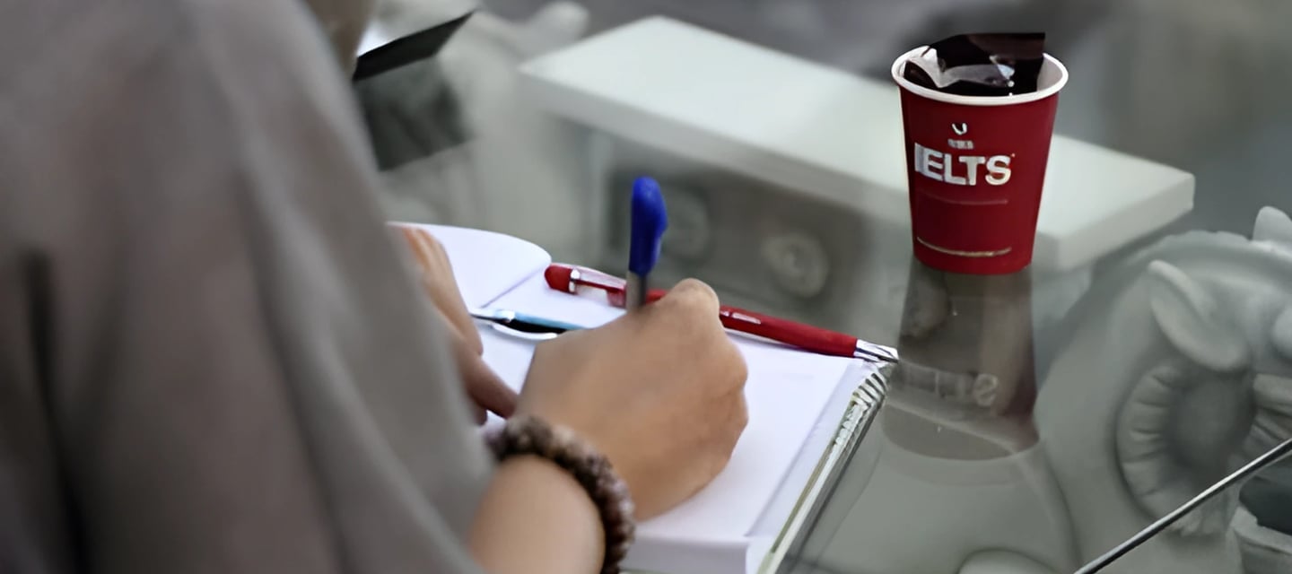 Person writing in a notebook, symbolizing IELTS preparation with U.E.L.T's cup for studying abroad