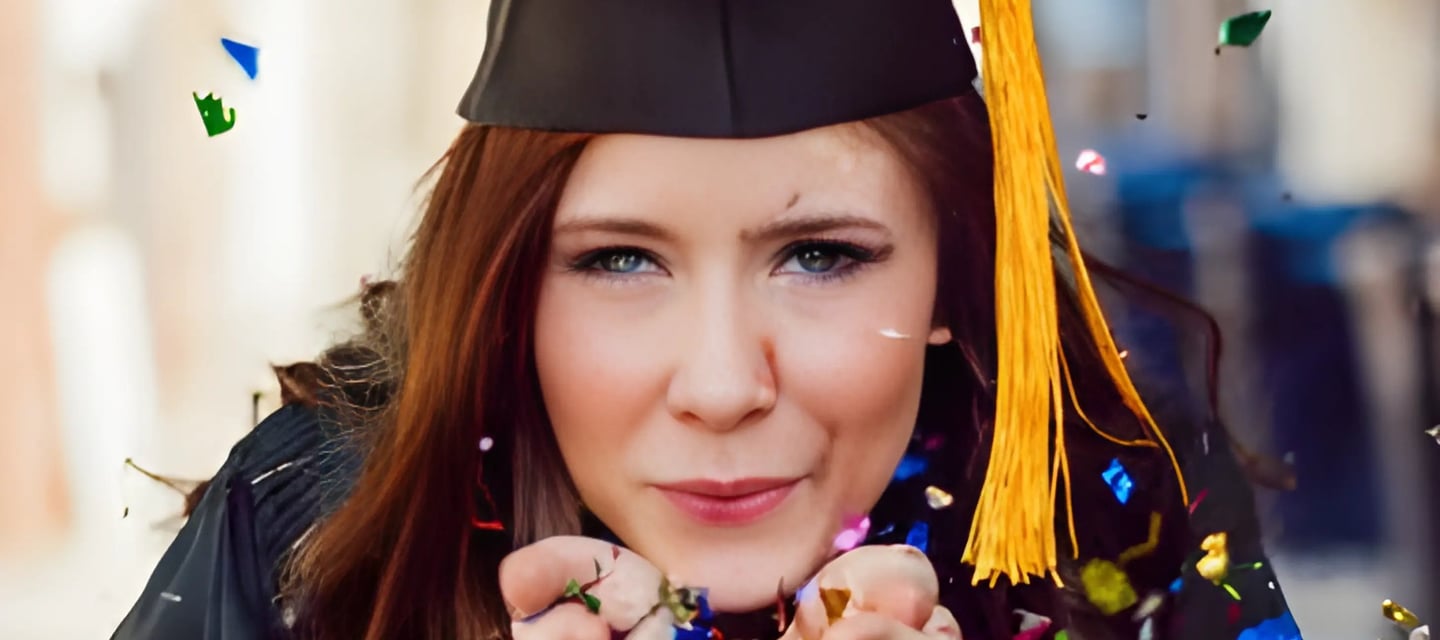 Smiling graduate in cap and gown with confetti, symbolizing successful scholarship guidance Admit360