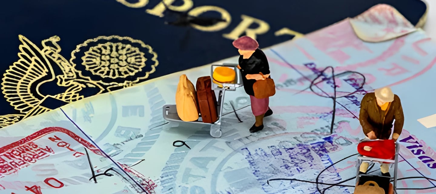 Miniature figurine pushing luggage cart on a stamped passport, illustrating visa application process