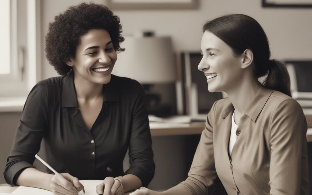 gray concrete wall inside building. two women sitting at a table talking and smiling 