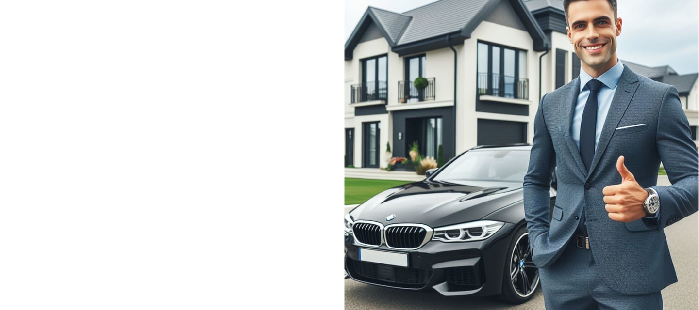 Un leader en mlm devant sa maison et sa voiture de luxe