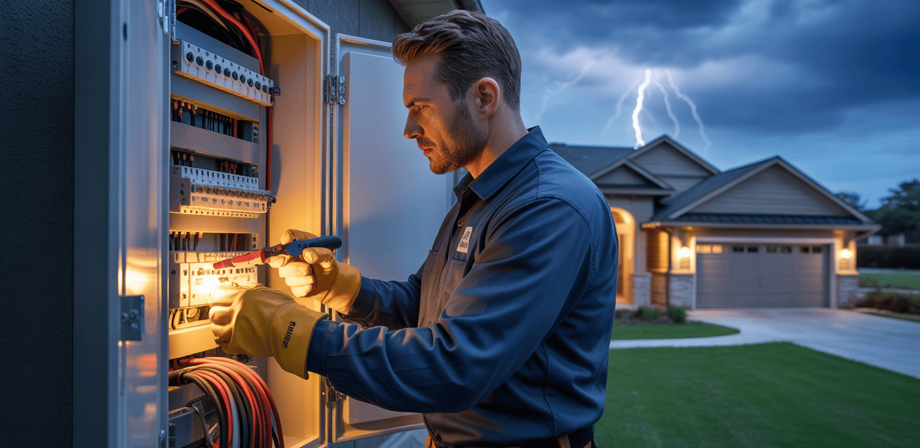 A Hyperion Electrician on a residential jobsite during a major storm for an emergency service call