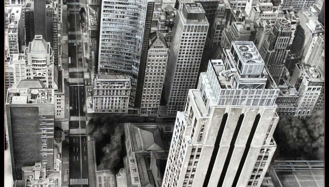 a cityscape of a city with tall buildings. New York. Dibujo creado por Miguel Vivo Pintor.