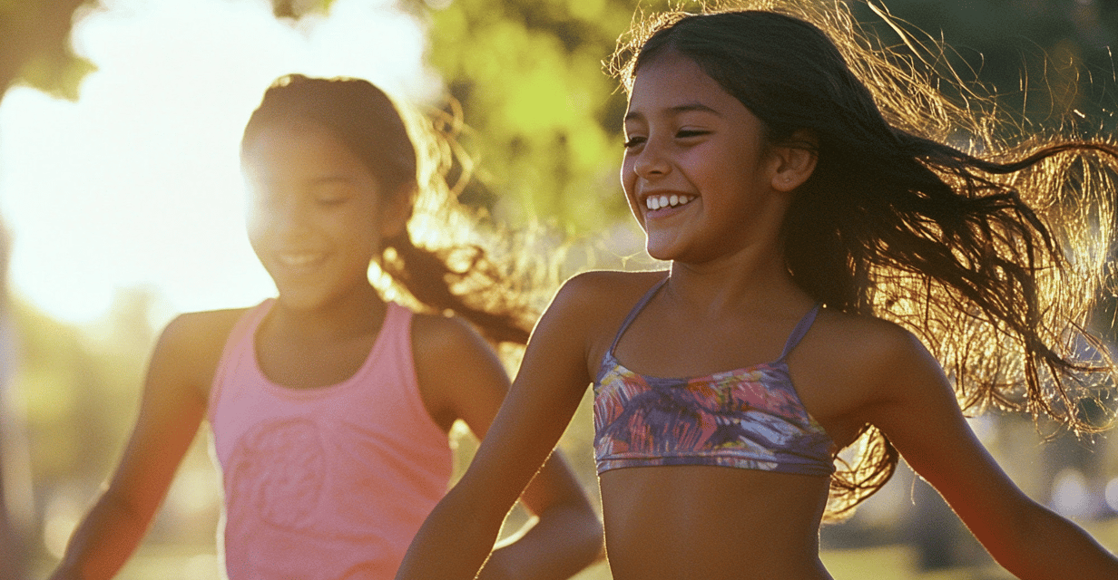 Fotografía de 2 niñas de 10 años corriendo en el parque 