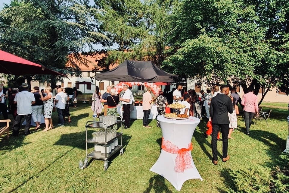 a buffet table with a buffet of food