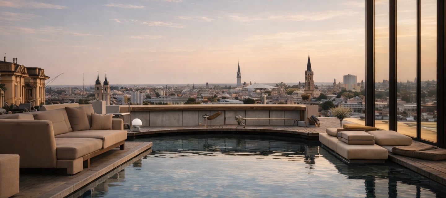 Luxury rooftop hotel pool overlooking a historic European city skyline at sunset.