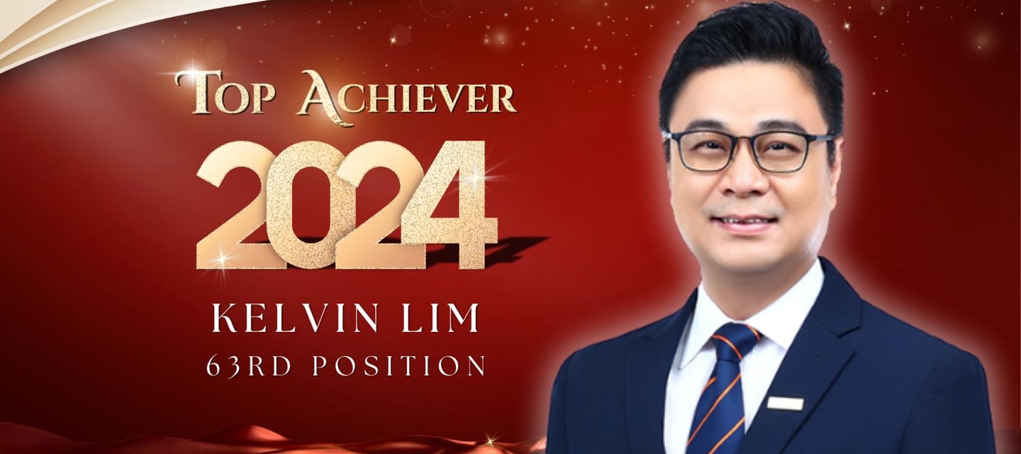 Huttons real estate agent Kelvin Lim celebrated as 2024 Top Achiever in 63rd position on a red award banner.