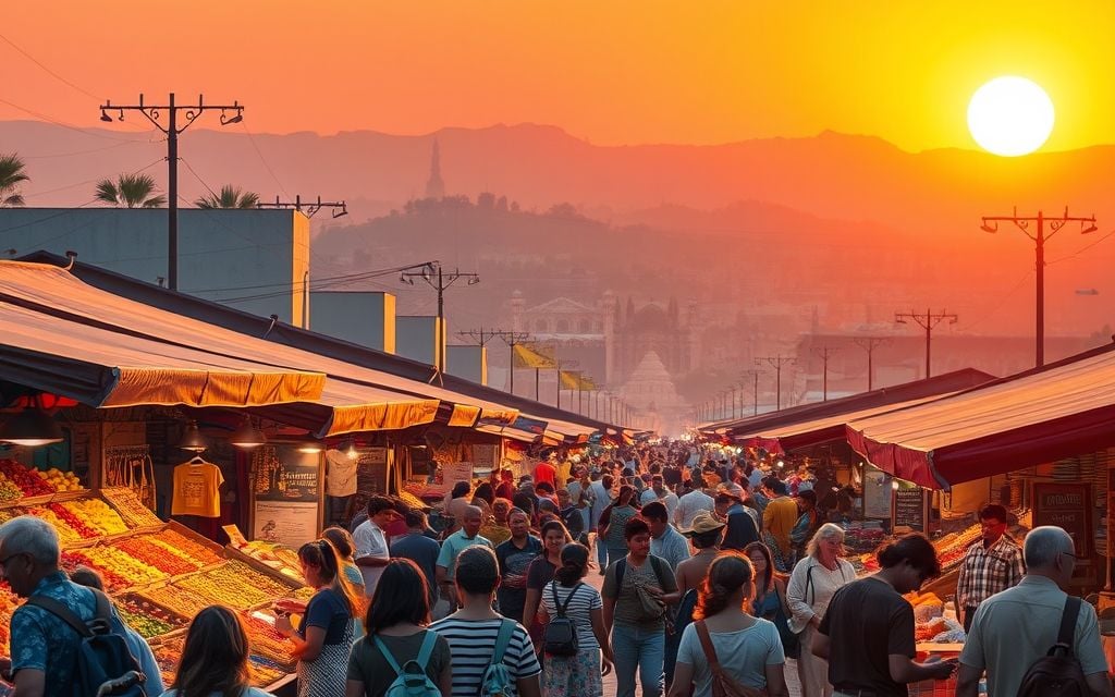 eine Gruppe von Menschen, die eine Straße entlang gehen, bei Sonnenuntergang