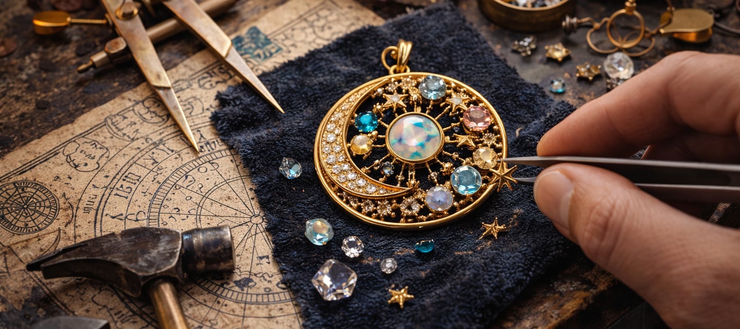 Bespoke gold pendant custom-designed by BELLE. astrological birth date frequency, luxury intention