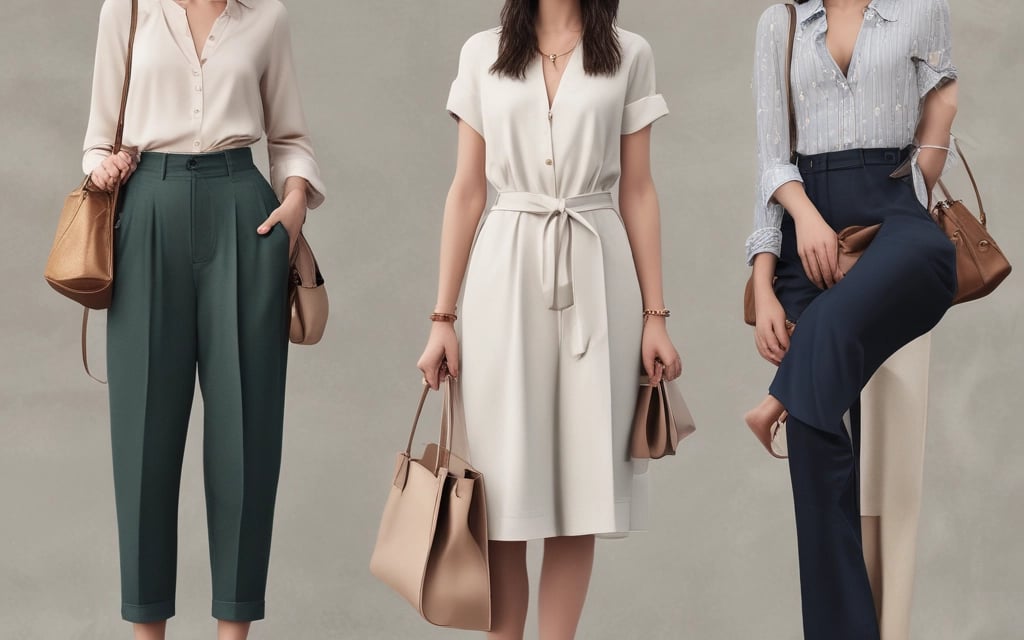 Three women modeling professional business casual outfits including high-waisted trousers and a belted shirt dress.