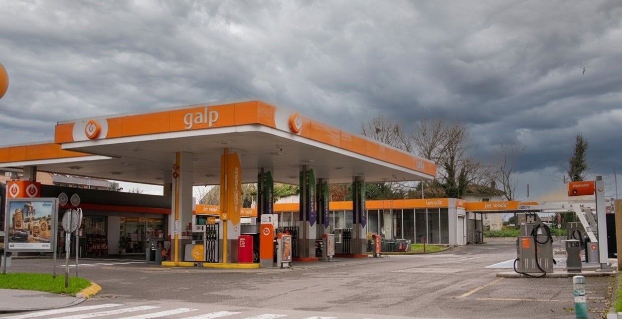 Una gasolinera Galp con marca naranja y surtidores de combustible bajo un cielo nublado.