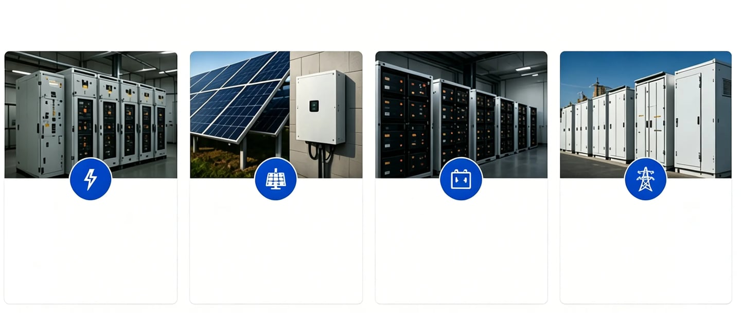 Industrial solar energy storage systems with solar panels, battery racks, and power grid infrastructure.