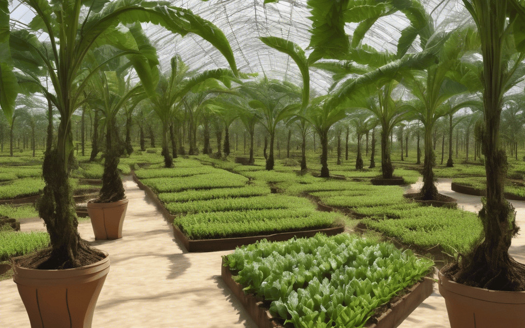 a greenhouse with plants growing in pots and a glass roof