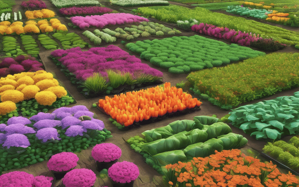 a field of flowers and trees in a field
