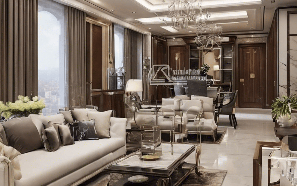 a living room with a large window and a chandelier