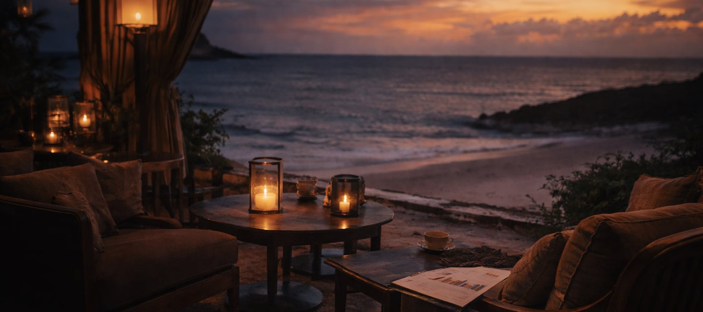 Luxury beach lounge at sunset with comfortable seating, candles, and a scenic ocean view.