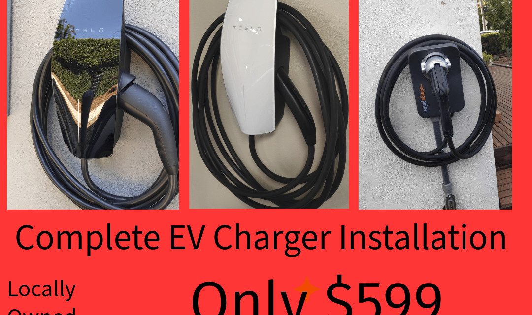 A $599 summer special for professional EV charger installation services featuring Tesla and ChargePoint home stations.