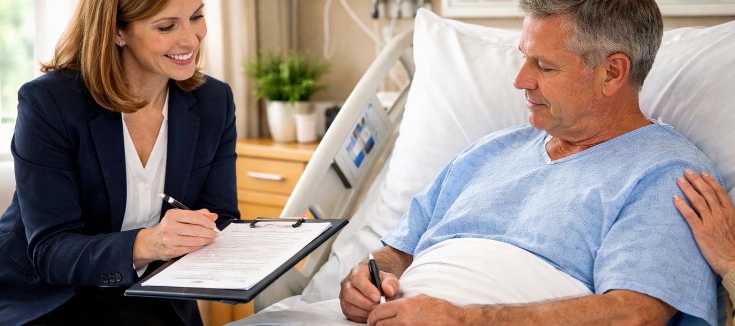 Hospital notary service in Prince William County VA assisting patient with document signing bedside