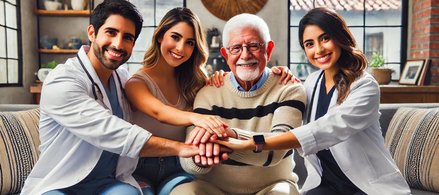 Paciente y familiar de paciente haciendo equipo con medicos