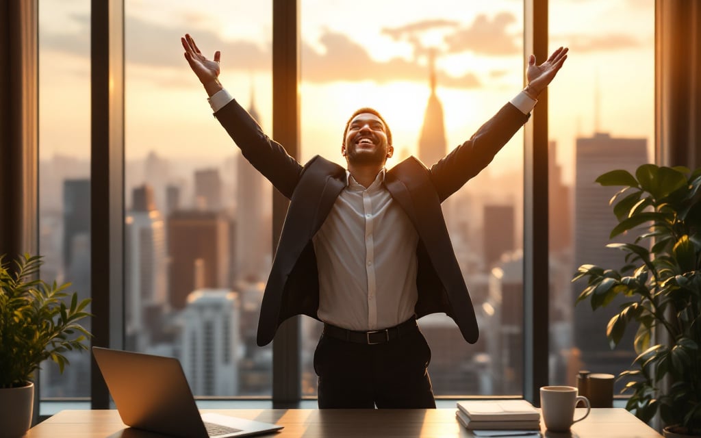 A business owner standing in a modern office, raising their arms in celebration Ribelle Marketing