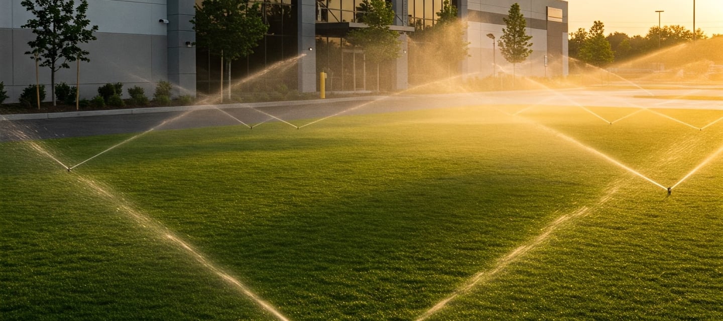 a sprinklers irrigating grass on commercial property