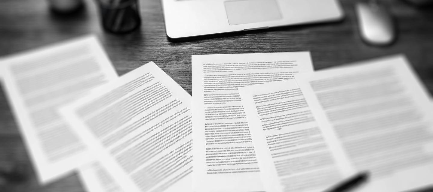 set of paper sheets with palin text spread across a wooden working desk