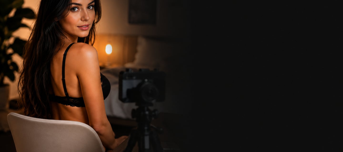 A woman in black lingerie poses for a camera on a tripod during a bedroom photo shoot.