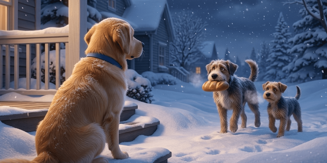 Golden retriever sits on snowy porch watching two dogs deliver bread during a winter snowfall.