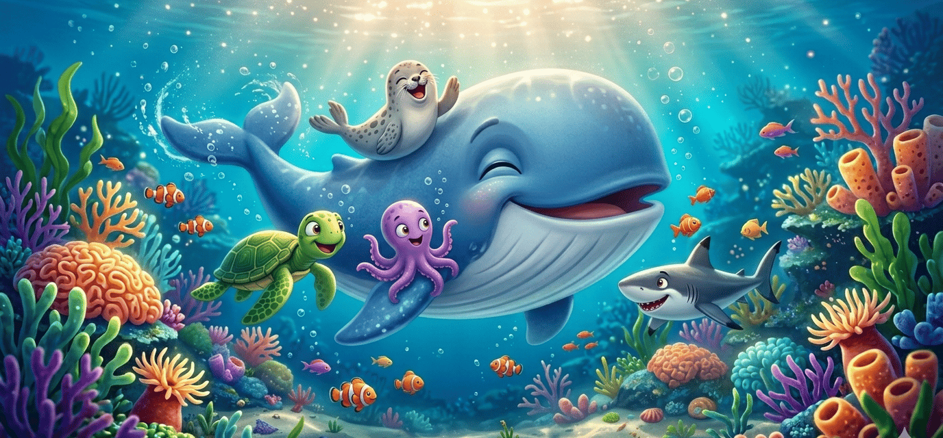 Cute cartoon sea creatures including a whale, turtle, and octopus swimming in a vibrant coral reef.