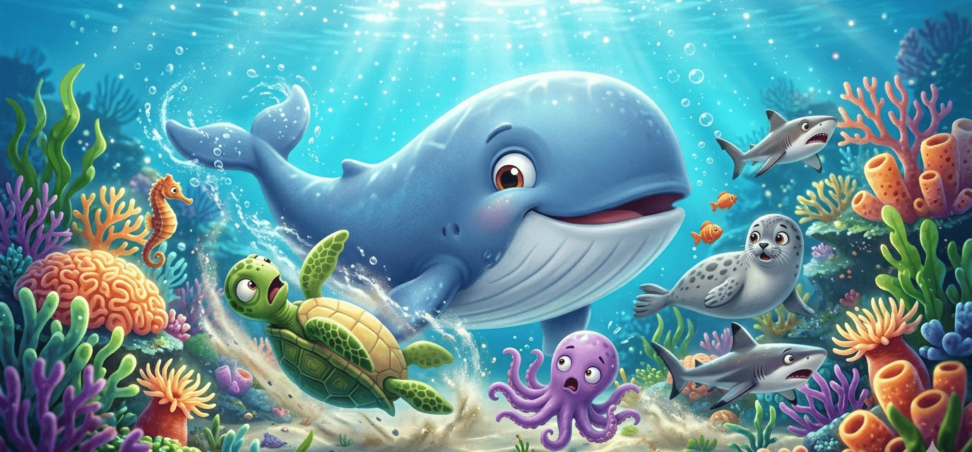 A cute cartoon blue whale swimming with a sea turtle, octopus, and sharks in a colorful coral reef.